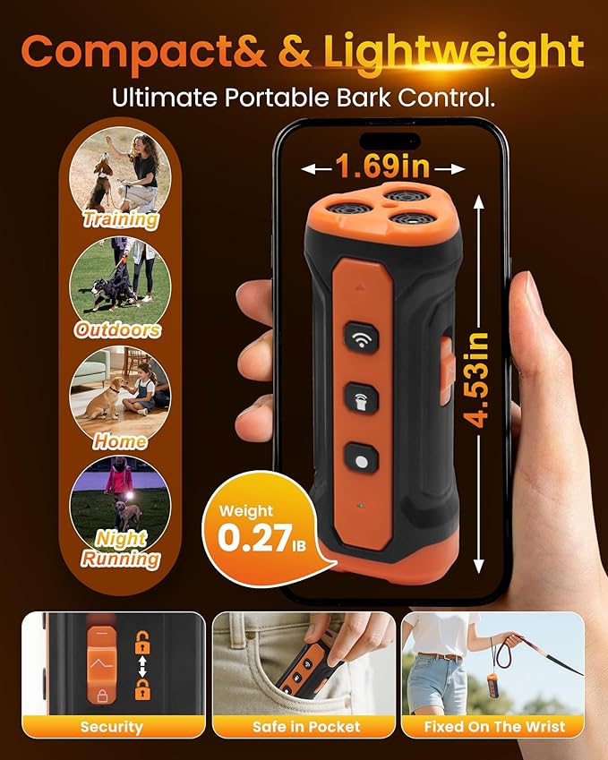 Sonic Bark Deterrents, Anti Barking Device for Dogs with 3X Sonic Emitters - 33ft Range, Rechargeable, 5 Modes, Humane & Portable Behavior Corrector for Indoor Outdoor Use.