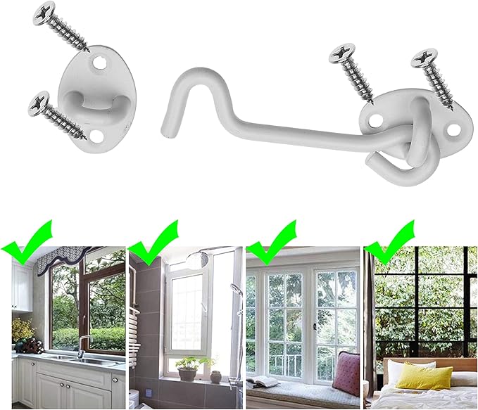 Kare & Kind Hook and Eye Latch (4-inch) - with Mounting Screws - Heavy Duty Locks for Door, Gates, Barns, Bathrooms, Cabins (1-White)