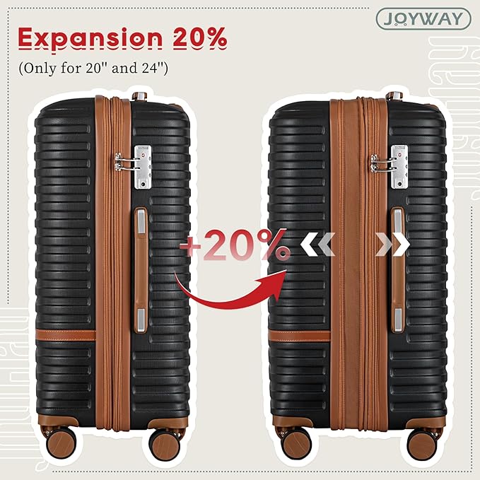 Joyway 拡張可能荷物セット 2個セット 機内持ち込み&預け入れ ハードサイドスーツケース スピナーホイールとTSAロック付き（ブラック、13/20/24）