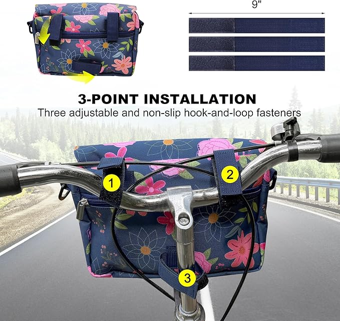 Bike Handlebar Bag, 2.9L Waterproof Bicycle Front Basket Bag with Reflective Strip, Convertible Shoulder Bag for Women, Floral Bike Pouch for Cycling Commuting Outdoor (Blue Floral)
