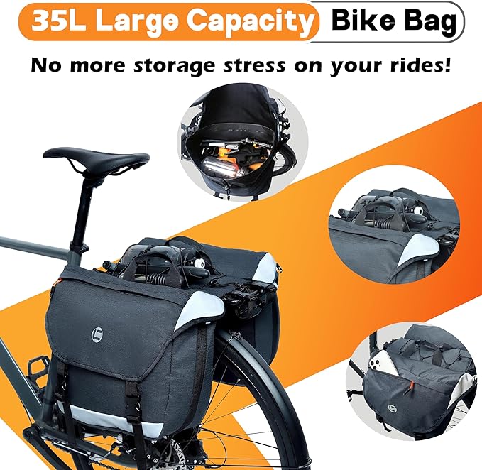 Bike Panniers, 25-35L Expandable Bike Saddle Bag for Rear Rack, Waterproof Large Capacity Reflective Strip Bicycle Panniers, Ebike Accessories for Commuter Grocery Shopping Travel Carrier
