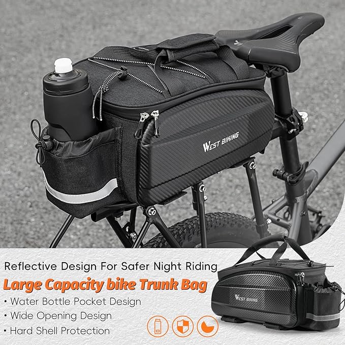 West Biking Waterproof Hard Shell Bike Rear Rack Bag 11L Capacity 600D Oxford Fabric & EVA Bicycle Trunk Pannier Bag for Commuting Touring Mountain Road E-Bike with Rain Cover (Black-2: 11Lcapacity)