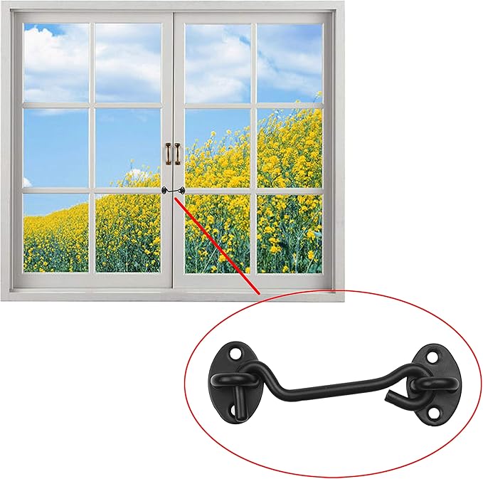 Kare & Kind Hook and Eye Latch (4-inch) - with Mounting Screws - Heavy Duty Locks for Door, Gates, Barns, Bathrooms, Cabins (1-Black)