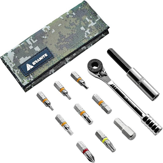 Granite Rocknroll Mini Ratchet Bike Tool Kit, Bike Multitool Kit with 9 Tool Bits and Extension Rod, Portable Bicycle Tool Kit for Mountain Bike, Road Bike and Gravel Bike (Green Camo)