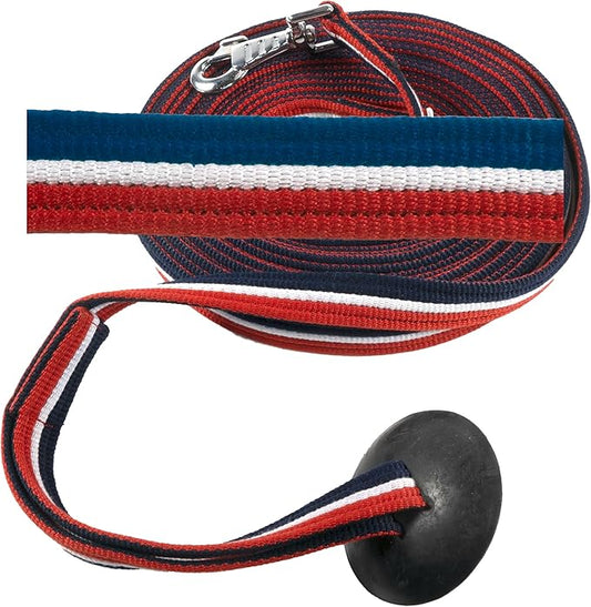 Southwestern Equine Lunge Line for Horses Cotton Horse Lunge Line with Bolt Snap & Rubber Stop (Red White & Blue, 24')