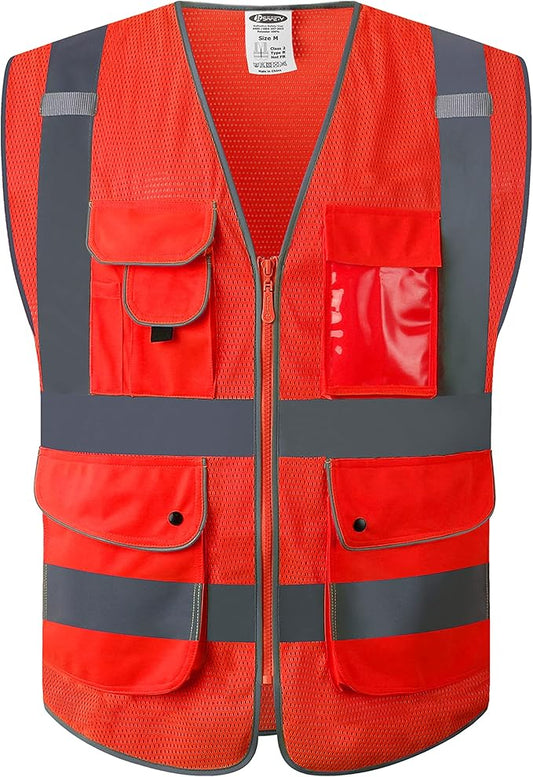 JKSafety 9 Pockets High Visibility Safety Vest for Men and Women, Hi-Vis Reflective Red Safety Vests with Zipper Front, Meet ANSI/ISEA Standards (159-Red 4XL)