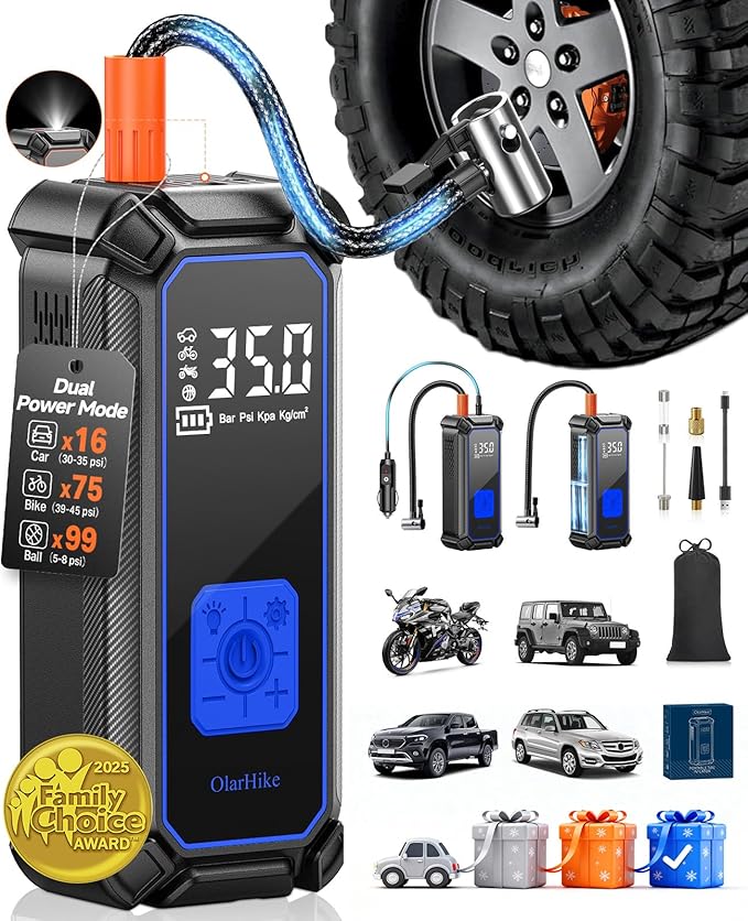 OlarHike Cordless Tire Inflator Portable Air Compressor, Dual Power - 5400 mAh & 12V DC, Air Pump for Car Tires, Bike, Motorcycle, Bicycle, Electric Pump with LED Light & Digital Pressure Gauge