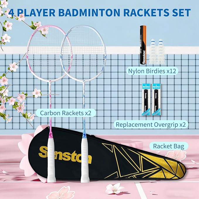 Senston 5U カーボンファイバーバドミントンラケットセット 裏庭用 2人用 バドミントンセットにはシャトルコック12個、オーバーグリップ2個、ポータブルバッグが含まれます - カップル、家族、大人、初心者向けの軽量ラケット