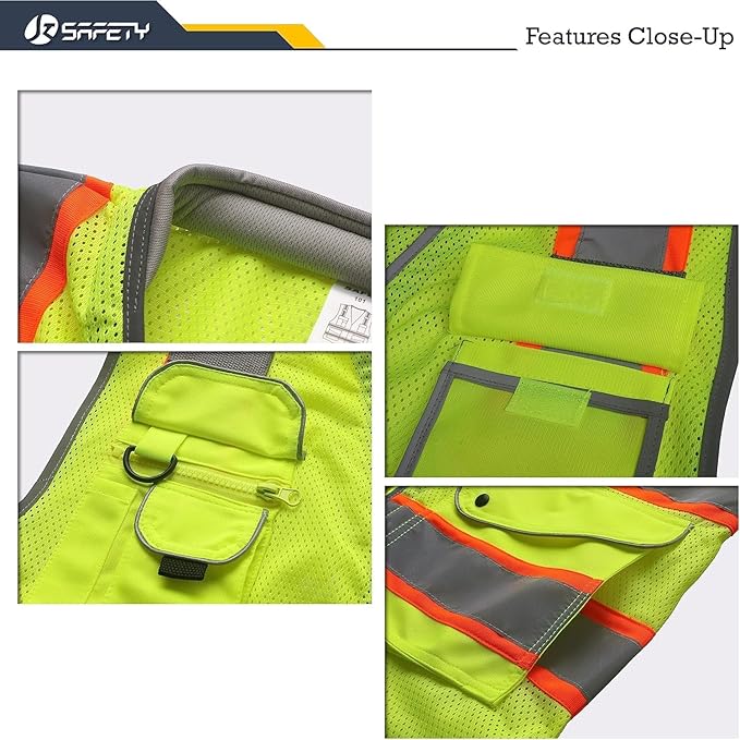 JKSafety 9 Pockets Hi-Vis Safety Vest Breathable Mesh Fabric Cushioned Collar Work Utility PPE Lightweight Industrial Work Gear ANSI/ISEA compliant (101-Yellow S)