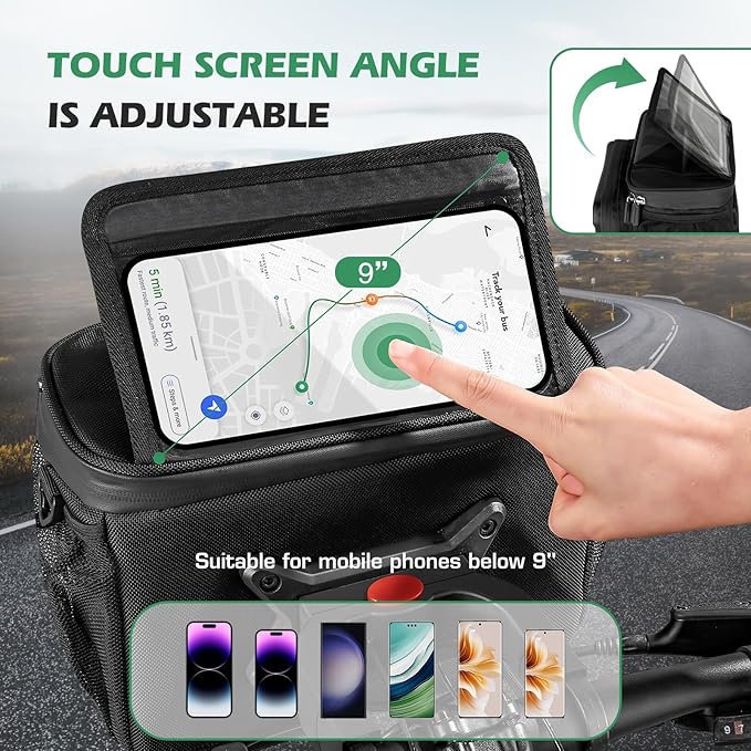 Bike Handlebar Bag with Touch Screen Phone Holder, 6L Large Water Resistant Bike Basket Front Bag with Handlebar Adapter, Reflective Bike Storage Pouch with Shoulder Strap for Bicycle and E-bike