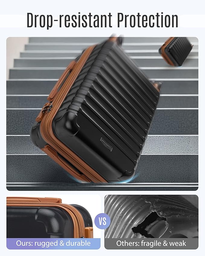 LIGHT FLIGHT スーツケースセット、機内持ち込み手荷物 22x14x9 航空会社承認済み、機内持ち込み旅行バッグ キャスター付きスーツケース、拡張可能ハードサイド軽量ローリング TSAロック付き 2点セット (DB/20)、ブラック/ブラウン