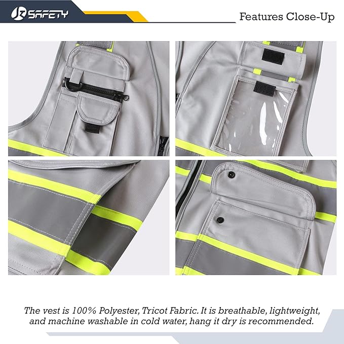 JKSafety 9 Pockets Hi-Vis Fluorescent Color Zipper Front Safety Vest with Neon Color Extended Yellow Trims for Men and Women Work Safety Utility (901-Grey 5XL)