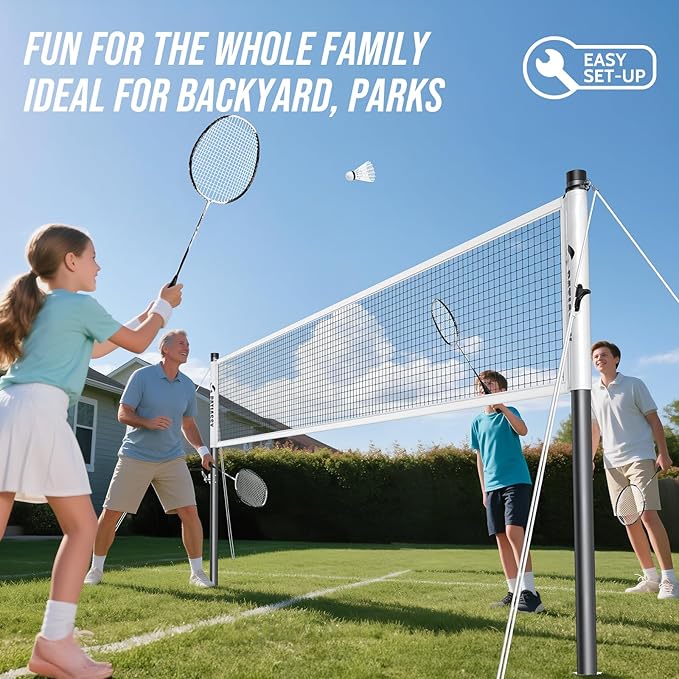 Badminton Set for Backyard, Outdoor Badminton Net with Anti-Sag Design, 4 Professional Badminton Rackets, 4 Shuttlecocks and Carry Bag for Lawn or Beach