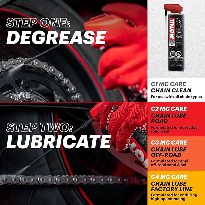 Motul C1 Chain Clean + C2 Chain Lube Road Bundle | Heavy-Duty Motorcycle Chain Cleaner 9.8oz & Chain Lubricant Spray 9.3 oz for Street & Sport Bikes