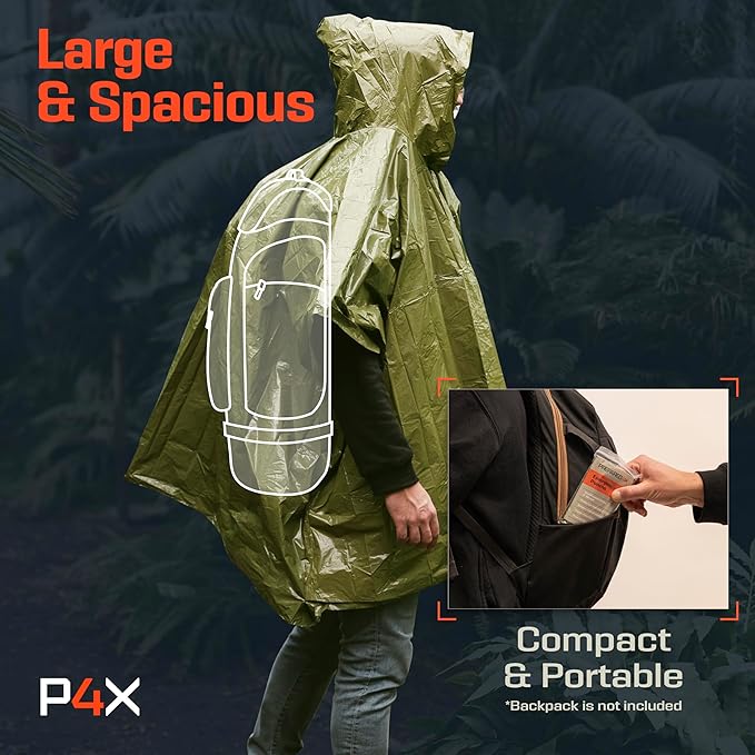 PREPARED4X エマージェンシーマイラーポンチョ – サバイバルレインポンチョ（フード付き）– 軽量、コンパクト、再利用可能 緊急ブランケットポンチョ（ハイキング、キャンプ、防寒具、車載キット、アウトドア用）