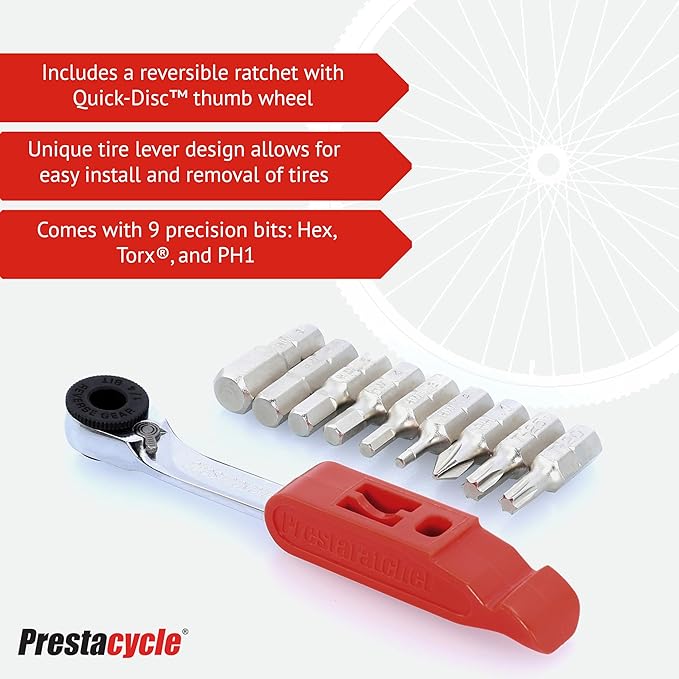 Prestacycle Prestaratchet GO 5-in-1 Bicycle Multi-Tool Kit – Ratcheting Wrench, Tire Lever, Chain Link Remover, Valve Core Tool – Ultra-Compact 25g Bike Repair Tool