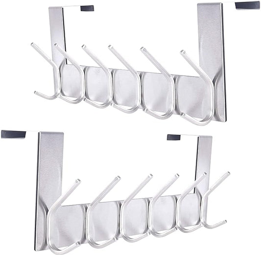 SKOLOO Over The Door Hook - for Doors up to 1-3/4'' Thickness, Silver, No Assembly Required, Stainless Steel, Door Coat Rack for Entryway & Bathroom Hanging Coats, Backpack, Robes, Towels, Pack of 2