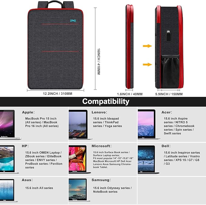 ZINZ Slim & Expandable Laptop Backpack 15 15.6 16 Inch Sleeve, Spill-Resistant Notebooks Bag Case for Most 14-16 Inch MacBooks Surface-Books Dell HP Lenovo Asus Computers,B01RD01