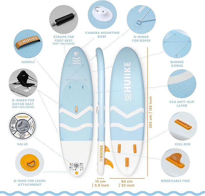 HUIIKE Inflatable Paddle Board for Adults with Accessories Included, Oar, Fins, Pump. Stand Up Paddleboard Great Stability and Resistance. 10’ x 33" x 5.9", Maximum Load 286 lb