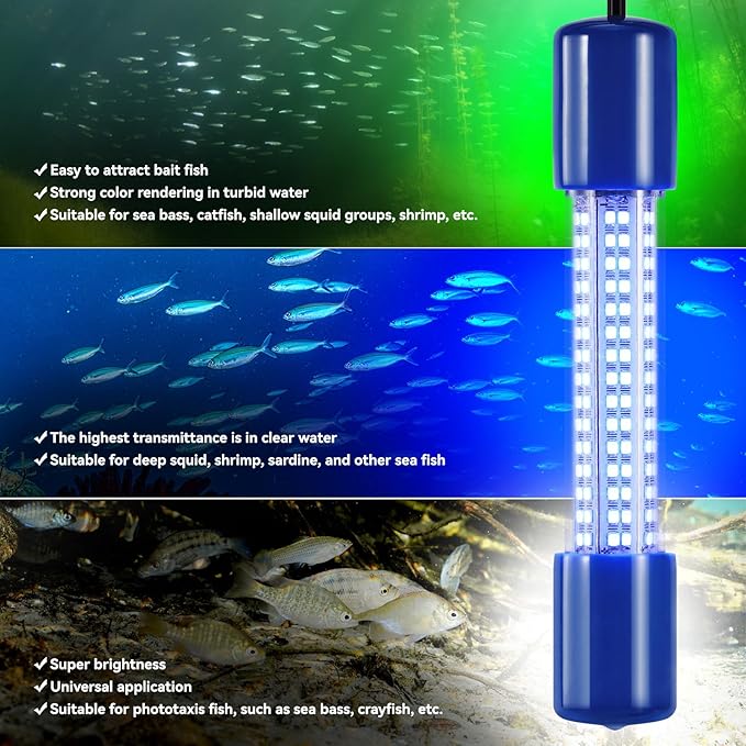 18W Underwater Fishing Light, IP68 Waterproof DC 12-24V LED Fish Bait Light Submersible Finder Attractants Lamp for Crappie Shrimp Squid Catfish + Battery Clamps, 16.4ft Cable Green/Blue/White Light