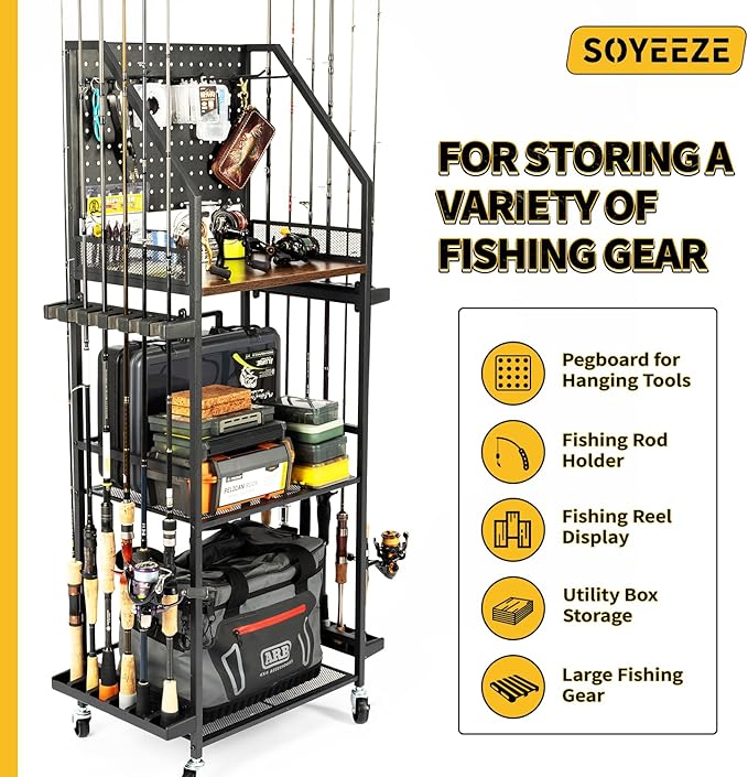 SOYEEZE ガレージ用釣り竿ホルダー ペグボードとロック可能なホイール付き 3段釣り竿ラック 10個のフック付き 釣具収納ボックスオーガナイザー 最大12本収納可 ローリングフィッシング収納カート