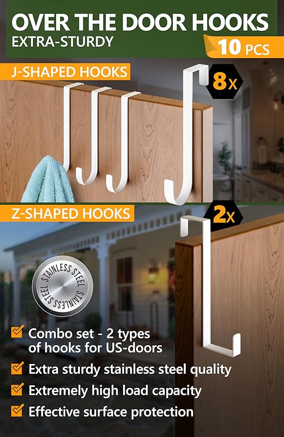 Over the Door Hooks 10 Pack, White - Coat Hanger 6 pcs + 2-Sided Wreath Hanger 2 pcs fit up to 1 3/8" - Towel Holder w/Felt & Anti-Slip Pads, Hooks for Hanging, Thin Enough for Doors to Close