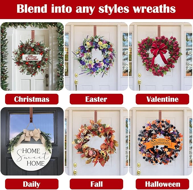2 Pack Wreath Hanger for Front Door, 20 lbs Christmas Wreath Door Hanger, Non Scratch Over the Door Hooks for Xmas Easter Halloween Fall Wreaths Décor Welcome Sign, Adjustable from 15 to 25 in Hangers