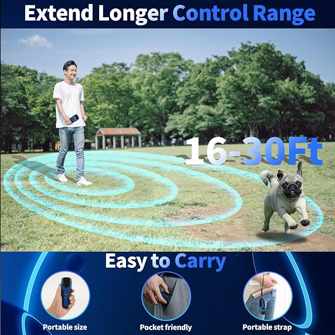 Dog Bark Deterrent Device, Anti Barking Device for Dogs 3X Ultrasonic to Correct Own or Neighbors Dog's Bad Behavior| 25ft Range, 5 Adjustable Modes Dog Training Device, Blue