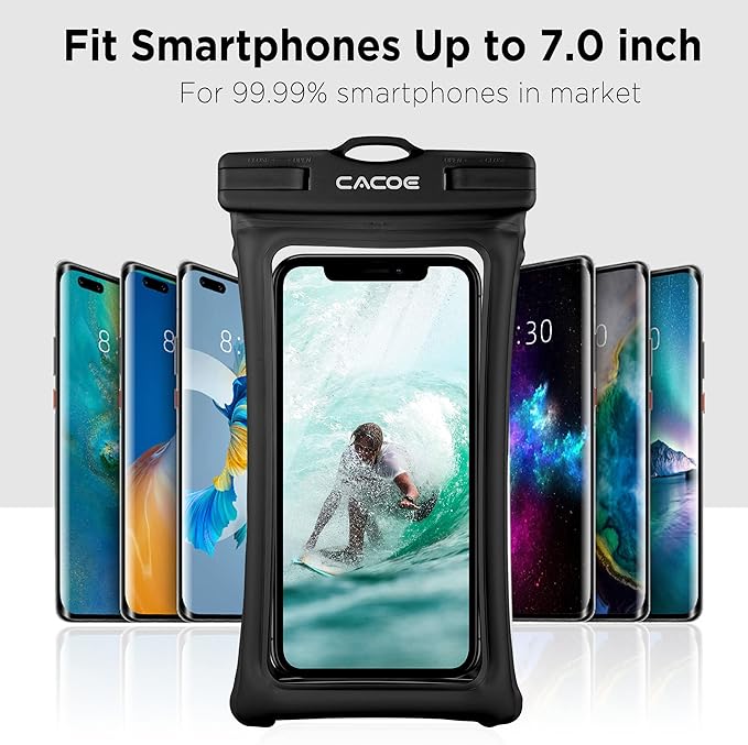 CACOE【水に浮く】フローティング 防水ケース スマホ用 2個セット-7.0インチまで対応、調節可能なネックストラップ付きスマホポーチ、IPX8 携帯電話ドライバッグ ビーチ・プール・水泳用（ブラック+ブラック）