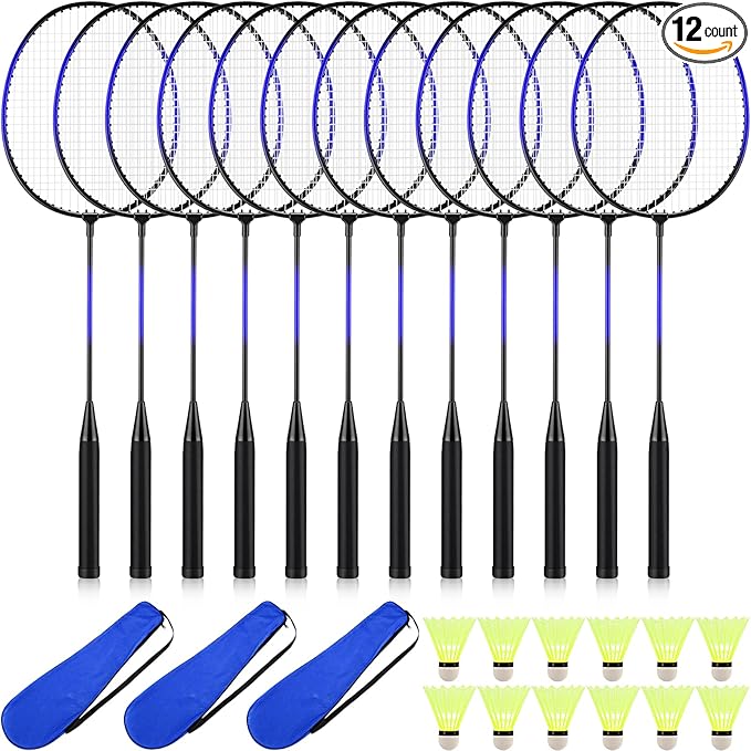 12 Pack Badminton Rackets Set Including Badminton Racquets, Nylon Shuttlecocks and Carry Bag for Outdoor Backyard Games Beginners