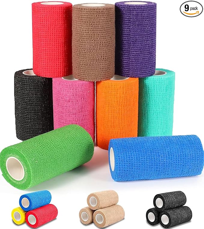 AZEN 9 Pack Self Adhesive Bandage Wrap, 4" X 5 Yards Elastic Cohesive Bandage Wrap, Color Athletic Tape, Tattoo Grip Tape Wrap, Vet Wrap, Ankle Tape