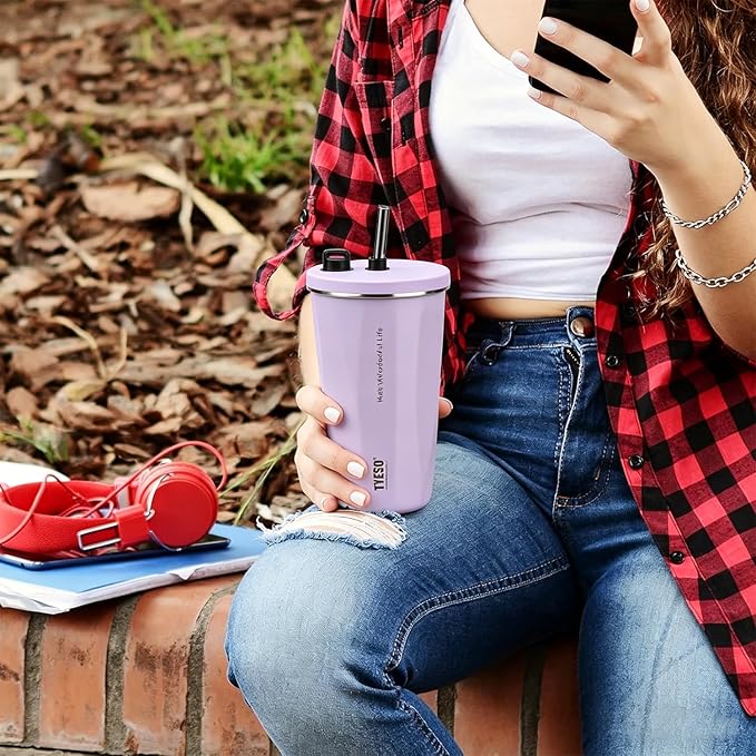 TYESO Stainless Steel Tumbler with straw inside Stainless steel wide-mouth vacuum insulation home office outdoor multi-color thermal insulation and cold insulation cover with 20oz (Purple, 20 oz)