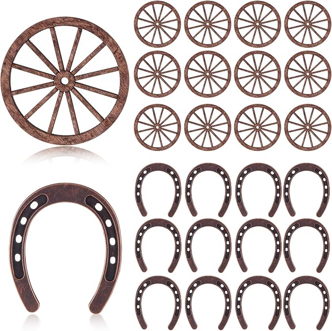 Junkin 24 Pcs Western Theme Party Decorations Mini Horseshoes Wagon Wheel Crafts Western Table Centerpieces Lucky Horseshoe for Wedding Party Favors Supplies Cowboy Cowgirl Birthday Decoration