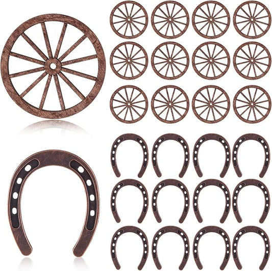 Junkin 48 Pcs Western Theme Party Decorations Mini Horseshoes Wagon Wheel Crafts Western Table Centerpieces Lucky Horseshoe for Wedding Party Favors Supplies Cowboy Cowgirl Birthday Decoration