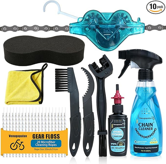 Bike Cleaning Kit Including Bicycle Chain Cleaner Degreaser, Chain Scrubber, Cycling Chain Lube, Cleaning Brush Tool, Gear Floss for Mountain Bike/MTB, Road Bike, Ebike and Trail Bikes