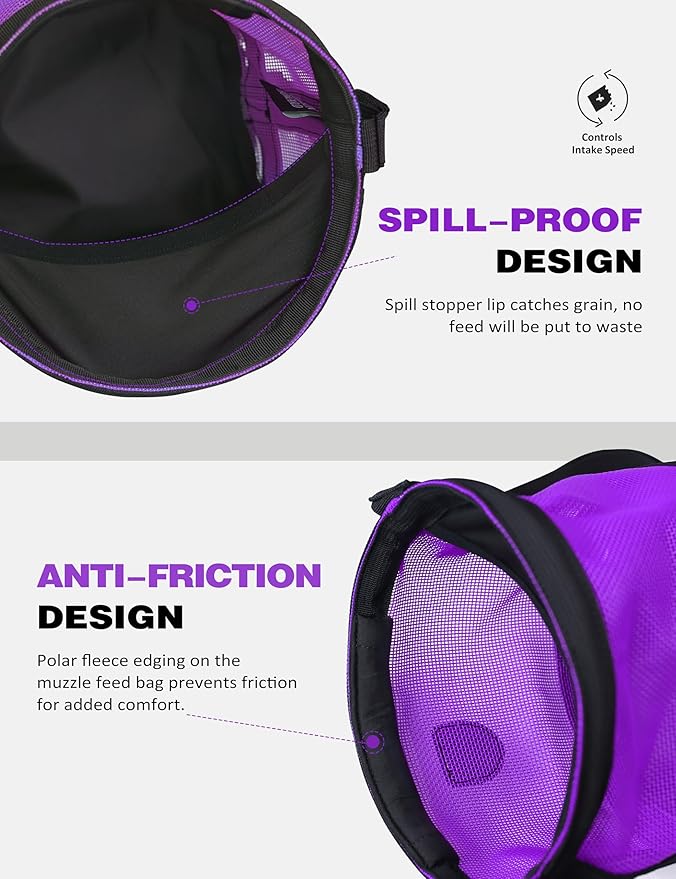 Harrison Howard Horse Muzzle Feed Bag Nylon Mesh Grain Feed Bag with Padded Neck Strap Adjustable Belt Purple Medium