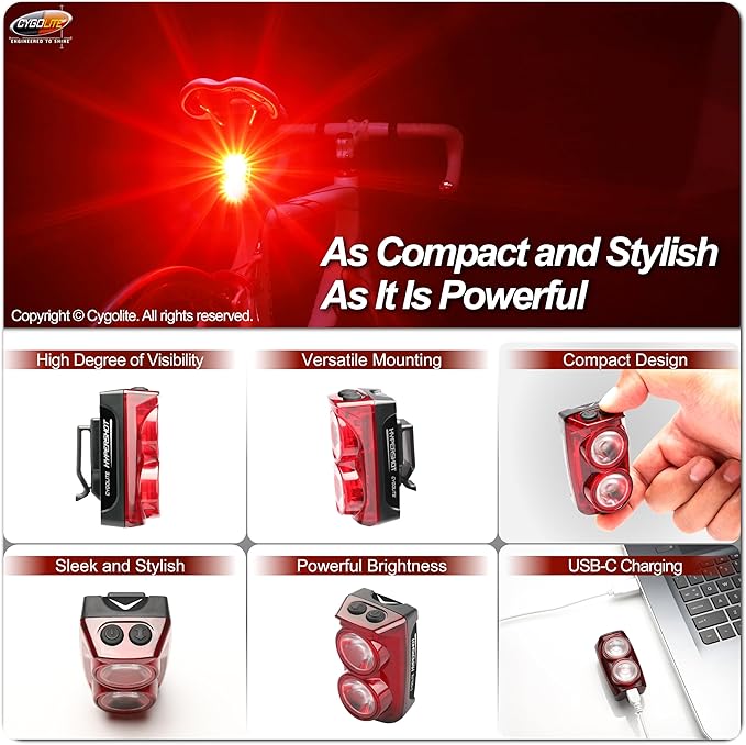 Cygolite Hypershot 350 Lumen Bike Tail Light– 7 Night & Daytime Modes–User Adjustable Flash Speeds- Compact & Durable–IP64 Water Resistant–Saddle Rail Mount Version–USB Rechargeable