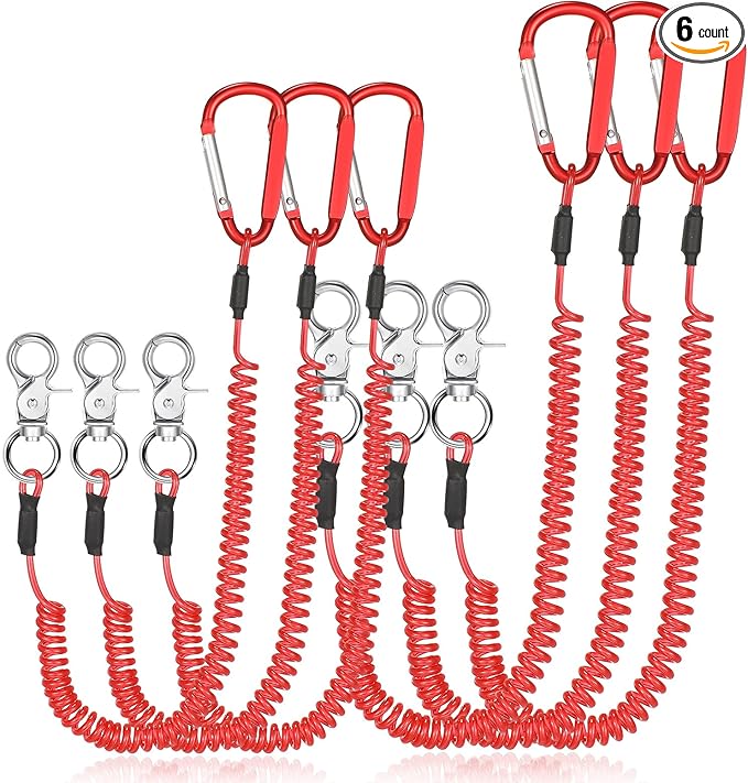 Woanger 6 Pack Fishing Lanyard Steel Wire Coiled Lanyard Tool Lanyards for Hand Tools Kayak Retractable Tool Leash Fishing Rod Safety Lanyards Gear with Alloy Clips for Pliers Boating
