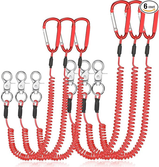 Woanger 6 Pack Fishing Lanyard Steel Wire Coiled Lanyard Tool Lanyards for Hand Tools Kayak Retractable Tool Leash Fishing Rod Safety Lanyards Gear with Alloy Clips for Pliers Boating