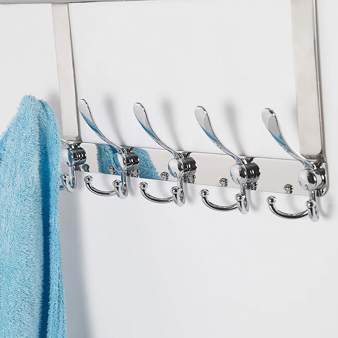 SKOLOO Over The Door Hook - for Doors up to 1-3/4'' Thickness, Pack of 2, Metal Door Hanger with 5 Triple Hooks, Over The Door Hanger for Coats, Hats,Towels, Silver, Assembly Required