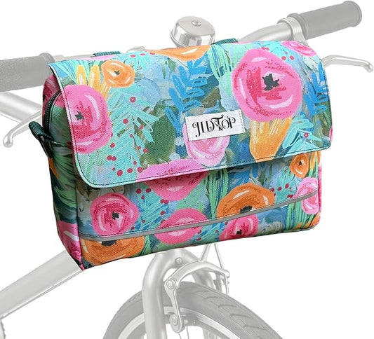 Bike Handlebar Bag, 2.9L Waterproof Bicycle Front Basket Bag with Reflective Strip, Convertible Shoulder Bag for Women, Floral Bike Pouch for Cycling Commuting Outdoor (Green Floral)