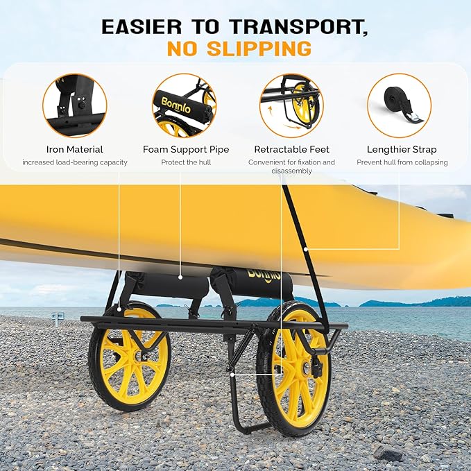 Bonnlo Canoe Kayak Cart, All-Terrain Trolley Carrier with 15" Large Solid Wheels, 330lbs Heavy Duty Transport Kayak Trolley, Adjustable 4 Postions (8.66"-19.69") to Fit Small Boats