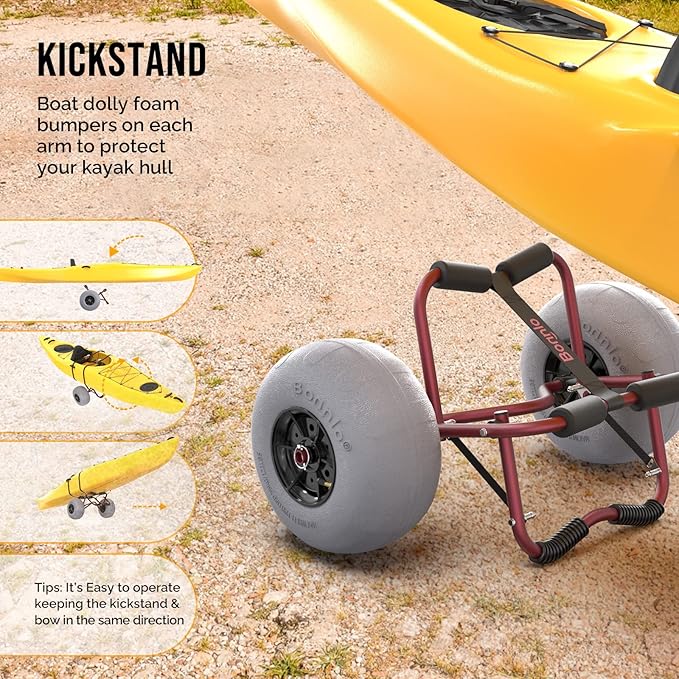 Bonnlo Kayak Cart Trolley Canoe Paddle Board Boat Cart Carrier Dolly with 12" Big Beach Wheels Balloon Kayak Transport Wheels Cart Foldable, Free Pump, 2 Ratchet Straps- Perfect for Soft Sand