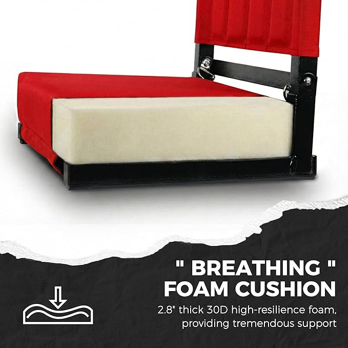 SPORT BEATS Stadium Seats with Back Support Bleacher Chairs with Back and Cushion Thick Padded Bleacher Seats Includes Shoulder Strap Red 2pcs Standard