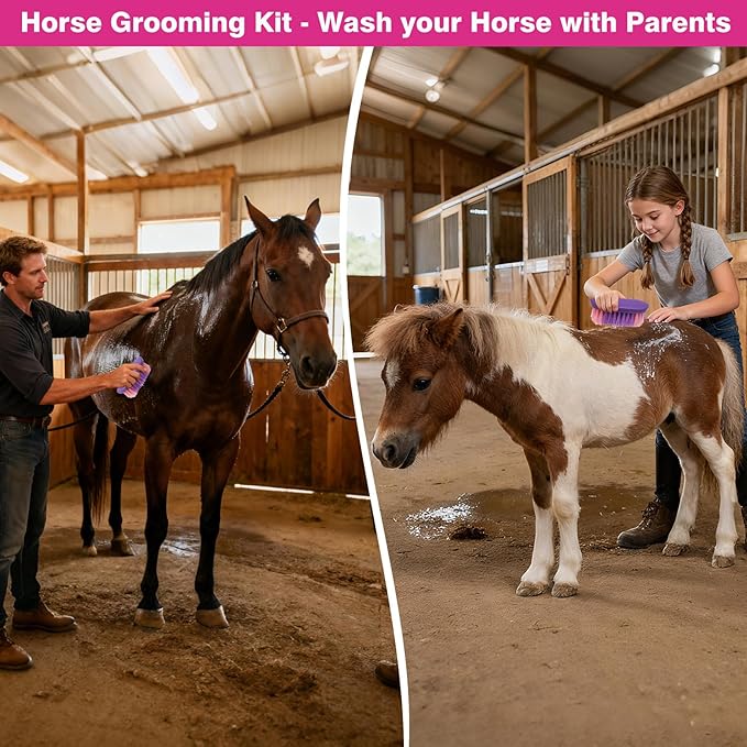 Horse Grooming Kit, Horse Brushes for Grooming Supplies Set with Organizer Bag, Horses Tack Brush Set for Effective Grooming and Cleaning, Gift for Horse Riders Beginners, Pink