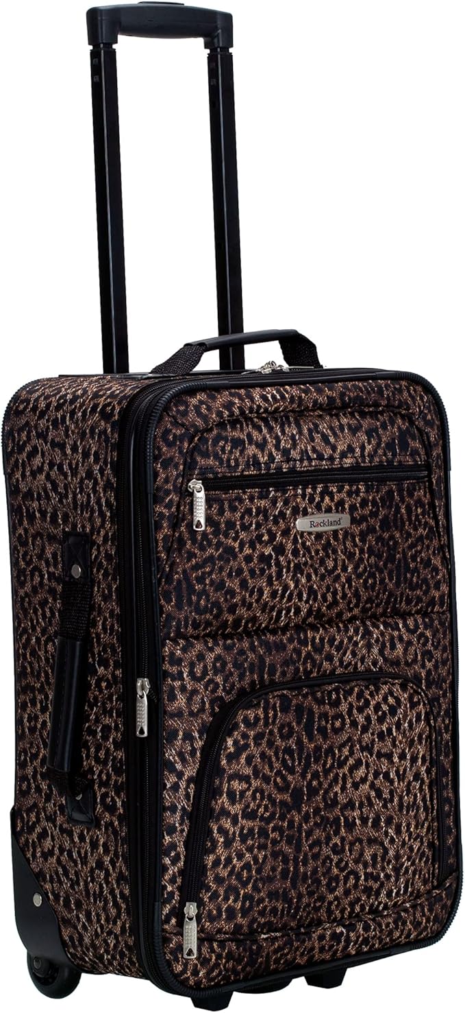 Rockland Vara Softside 3-Piece Upright Luggage Set, Expandable,Lightweight,Telescopic Handle,Wheel, Leopard, (20/22/28)