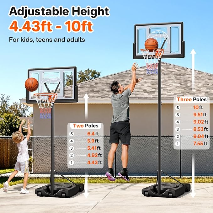 Basketball Hoop Outdoor 10ft Adjustable, Portable Basketball Hoop Goal System for Kids Youth and Adults in Backyard/Driveway/Indoor, 44 Inch Shatterproof Backboard and Larger Base