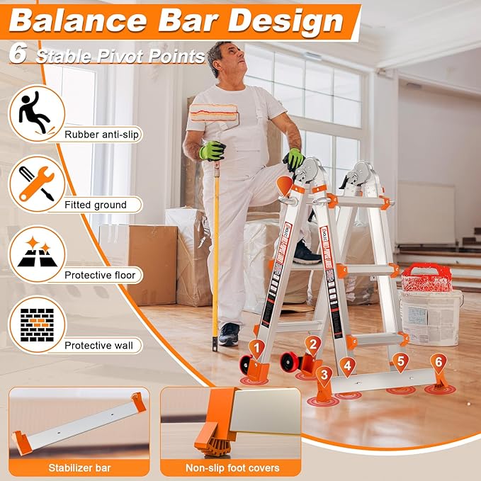 Telescoping A-Frame Ladder- 11FT Folding Extension Ladder with Wheels & Stabilizer Bar, 330lb Security Load Multi Position Ladders for Stairs Home Indoor Outdoor Roof
