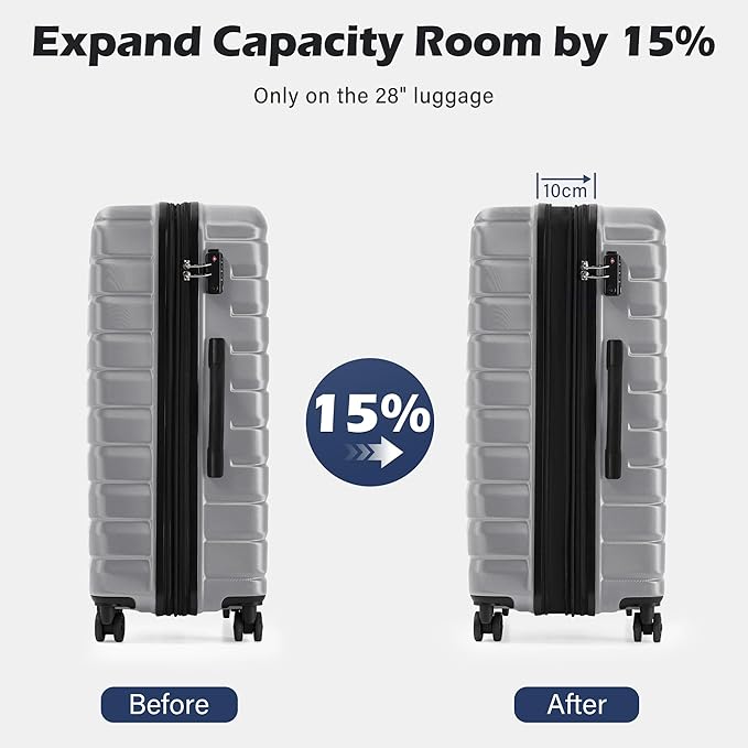Coolife Expandable Large Checked Luggage with Spinner Wheels, Hard Shell Suitcase TSA Lock Rolling Travel Luggage 28-inch,Silver