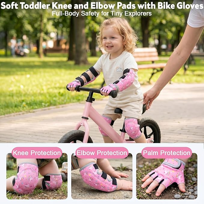 Soft Toddler Knee Pads and Elbow Pads Set with Bike Gloves, Non-Slip Toddler Knee Pads for Boys Girls 2-4 Years, Breathable Kids Protective Gear for Balance Bike, Scooter, Bicycle
